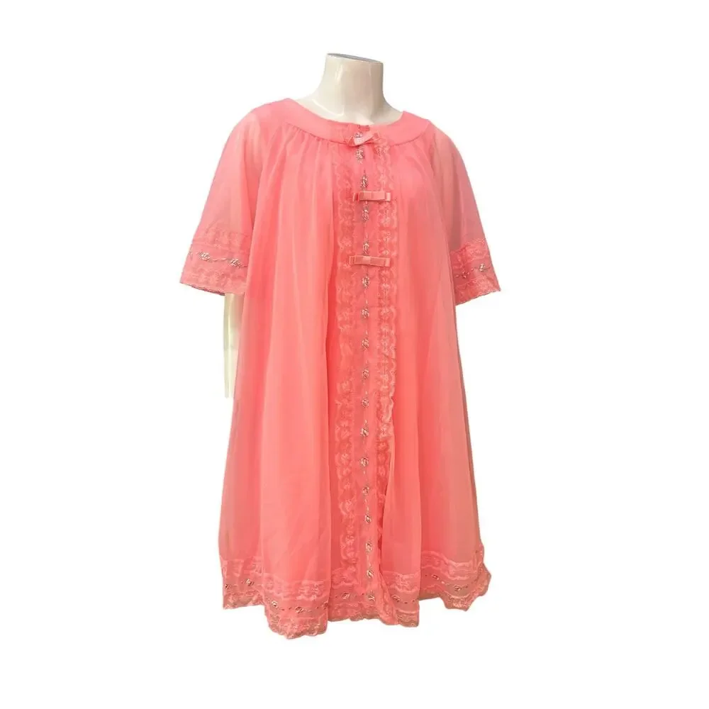 Vintage 1960s Pink Lace Nylon Floral Peignoir Robe Nightgown Set M -